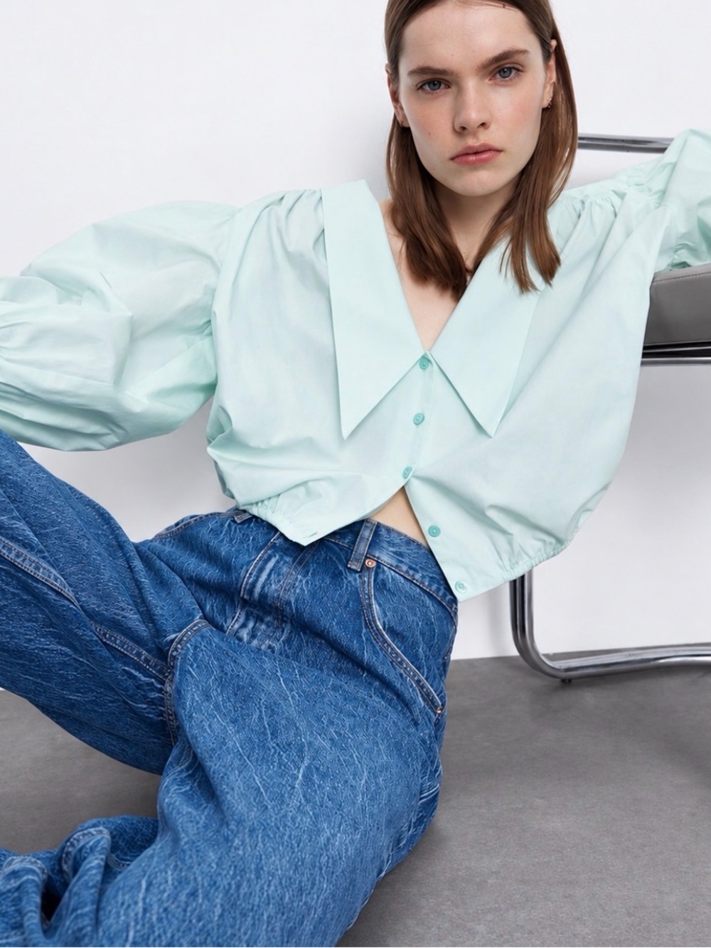 Zara Mint Green Exaggerated Collar Puff Sleeve Cotton Blouse Small Oversized